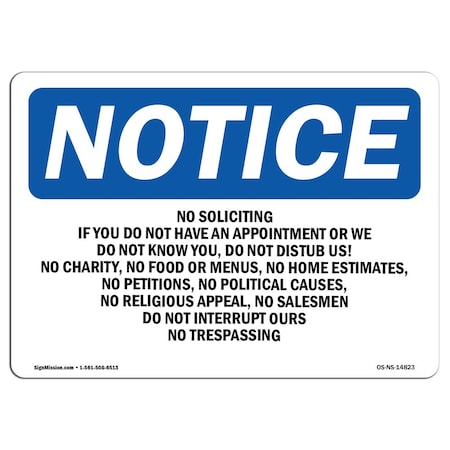 Signmission OSHA Notice Sign, 5" H, 7" W, No Soliciting If You Do Not Have An Appointment Sign, Landscape OS-NS-D-57-L-14823